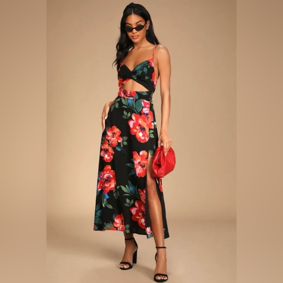 Lulus Dresses & Skirts - LULUS | Tropical Blooms Black Floral Print Tie-Back Cutout Maxi Dress Size M